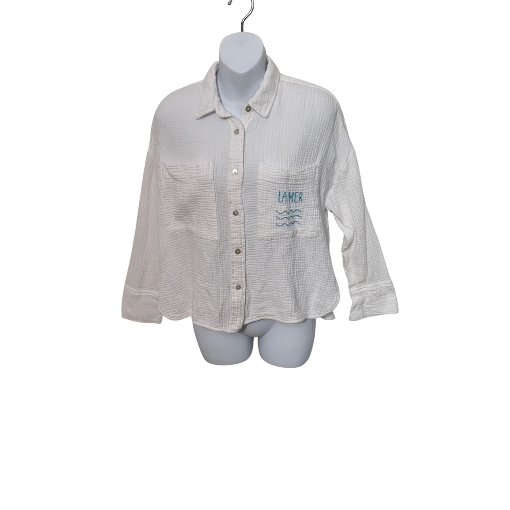 Magaschoni Button Down Shirt Womens XS White Cotton Gauze La Mer Embroidery